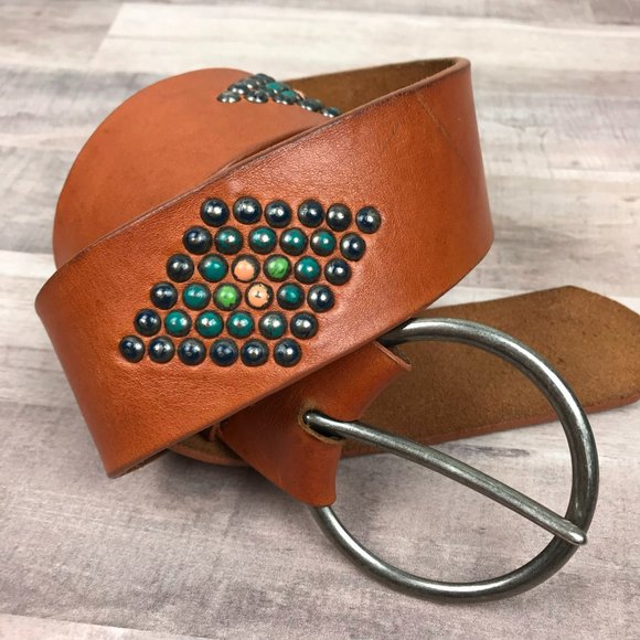 Genuine Leather Distressed Belt Metal Stud Detail Brown Boho Size Small - Picture 5 of 15